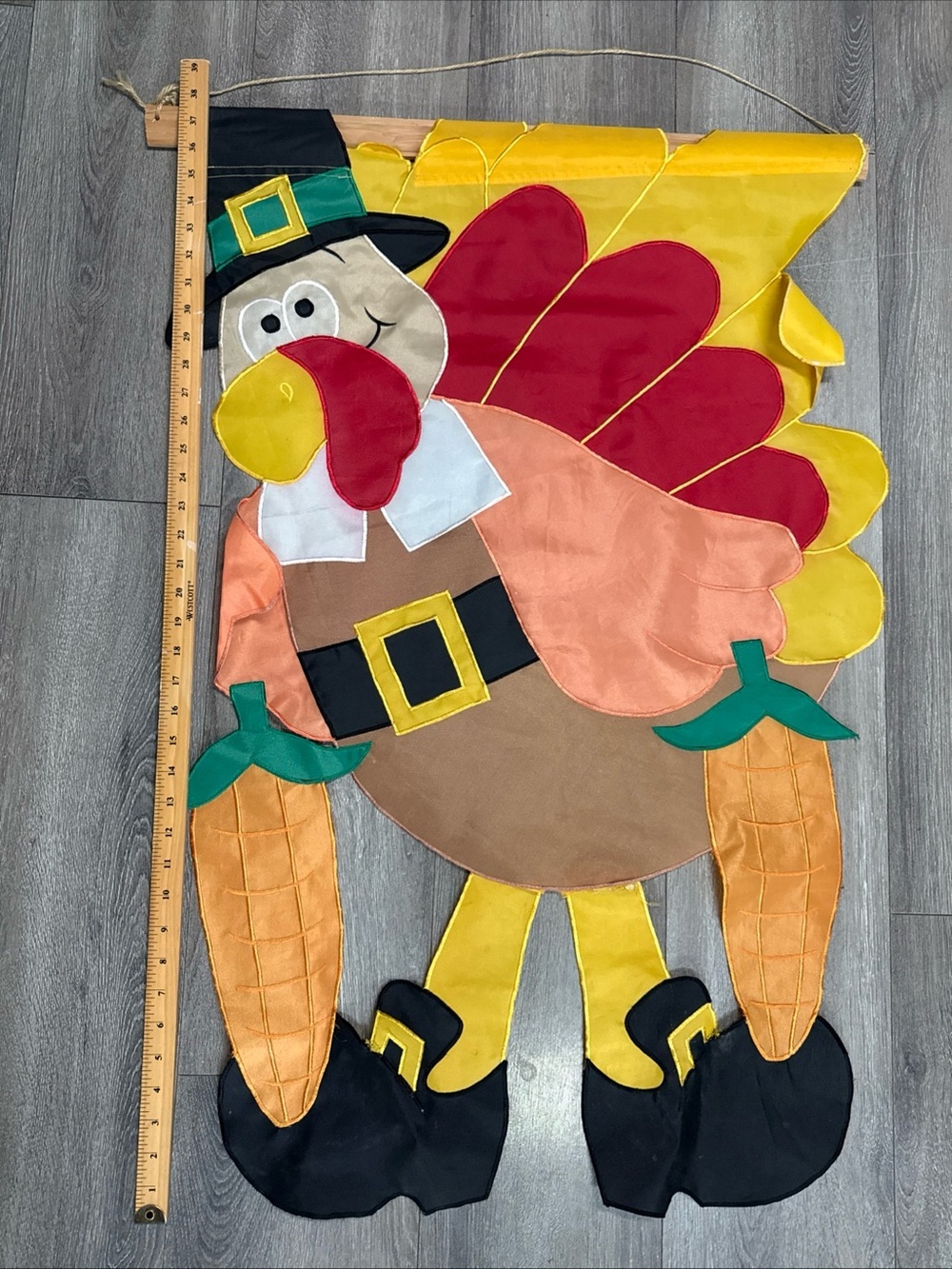 Vtg Festive Turkey yard flag - Colorful Fabric nylon feet repaired